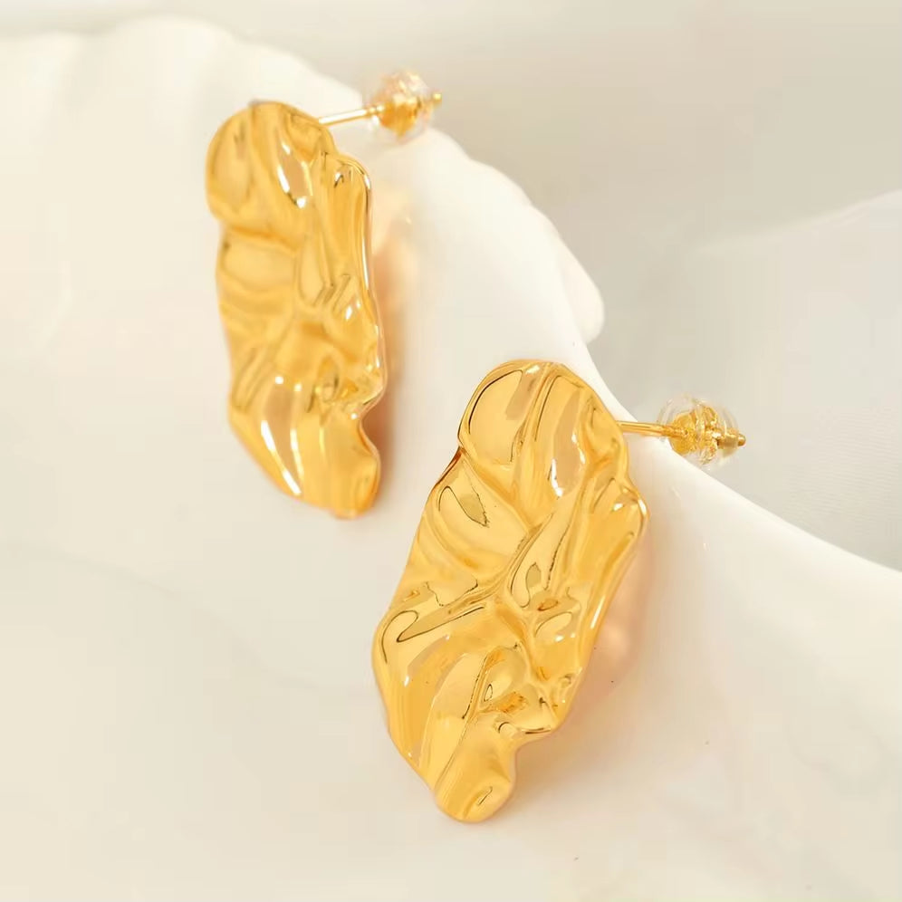 JEWELRY EH270-1 Fashion Lava Ruffles Hammered Delicate Earrings Stainless Steel Gold Plated Rectangle Geometric My Store