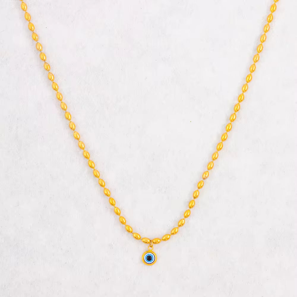 Wholesale Custom Stainless Steel Jewelry 18K PVD Gold Plated Oval Rice Bead Eyes Pendant Necklace for Women My Store
