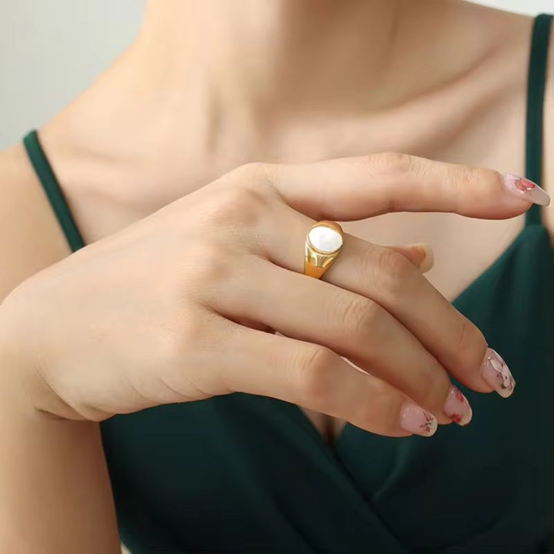 Natural Gemstone Stainless Steel Women White Sea Shell Titanium Steel Gold Plated Non Tarnish Rings My Store