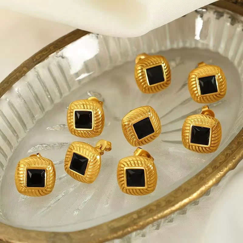 JEWELRY EH156 French Vintage Stainless Steel 18K Gold Plated Glass Stone Square Stud Earrings My Store