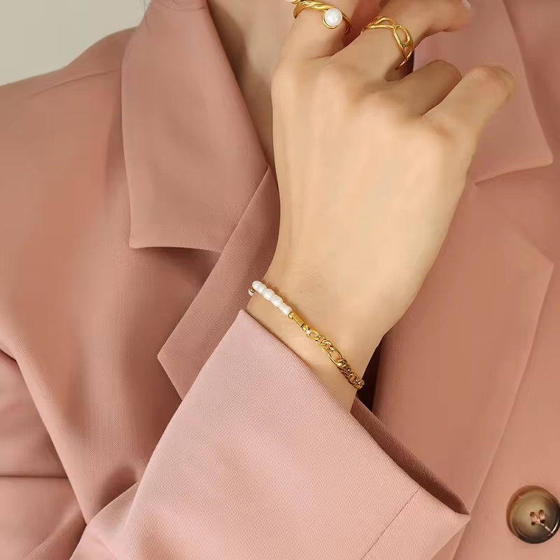 Stainless Steel Beaded Elegant Splicing 18K Gold Plated Pearl Figaro Chain Bracelet My Store