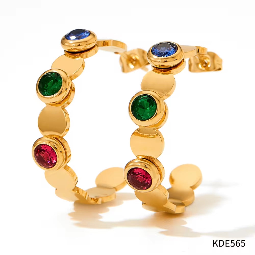 Waterproof Charm Fashion Jewelry 18K Gold Plated Stainless Steel Green Colorful Cubic Zirconia Hoop Earrings Women My Store