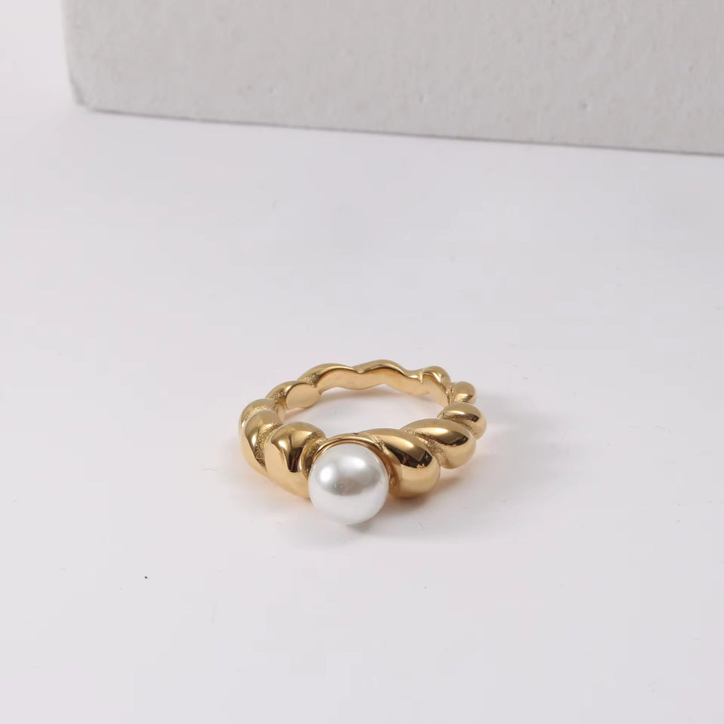 Waterproof Statement 18K Gold Plated Big Fresh Water Pearl Twisted Ring Chunky Twist Rope Chain Stainless Steel Ring My Store