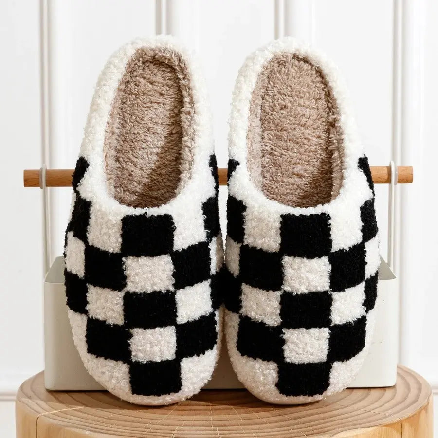 Retro Checkered Plush Slippers Evry Jewelz